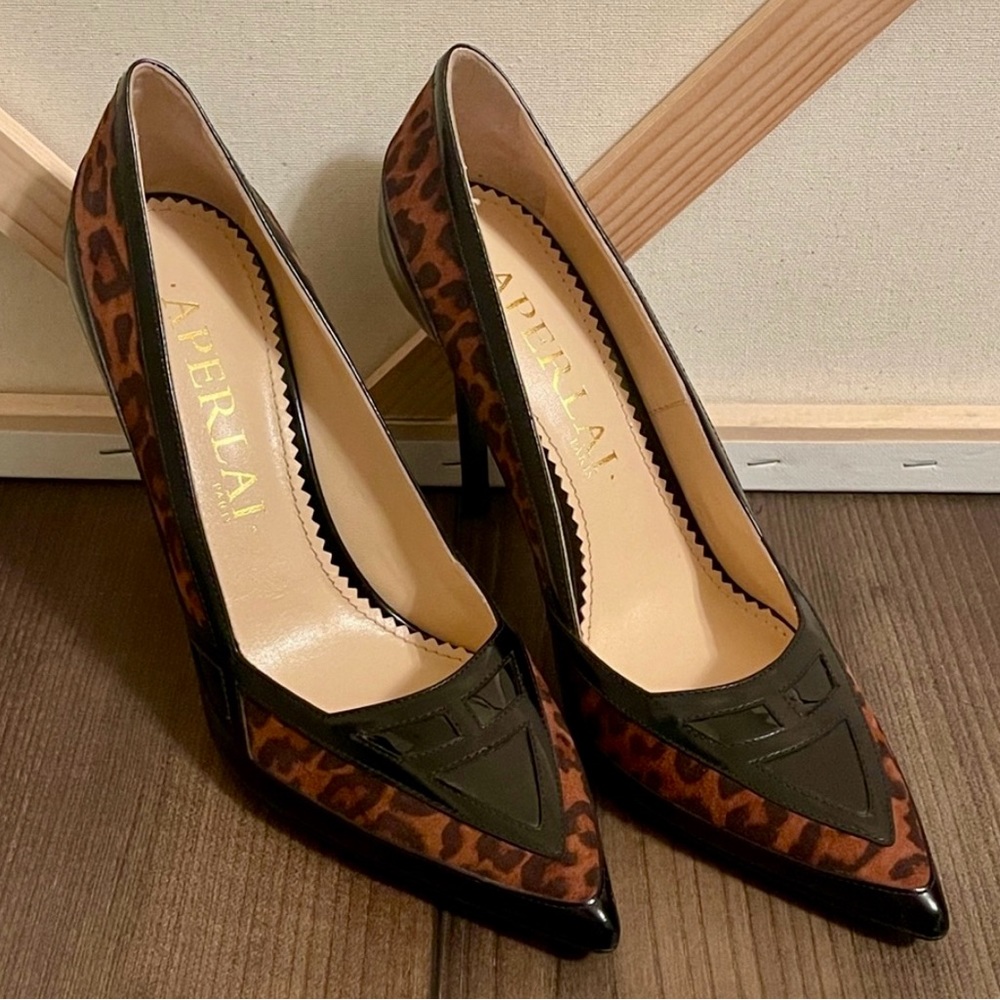 Aperlai Paris Black Italian Leather & Leopard Stiletto Sz 8.5